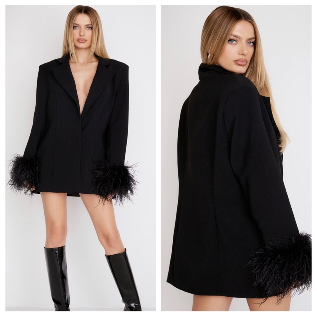 House Of Cb Esme Black Oversized Feather Cuff Blazer